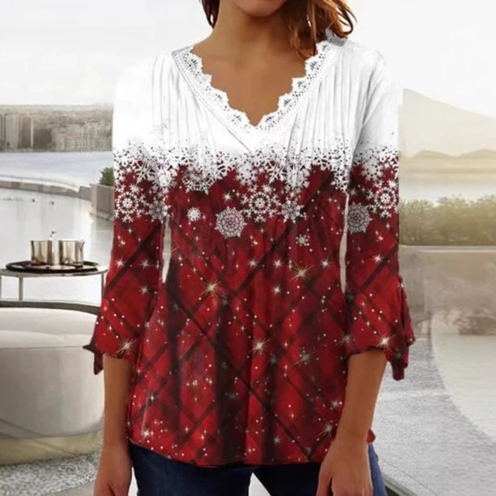 ZARA Ladies Winter Snowflake Print Plaid Collar Long Sleeve Top